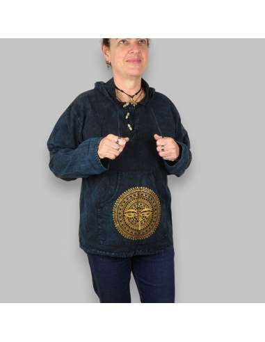 Sudadera con capucha Hippie, Unisex, algodón, Lavado a la piedra Azul